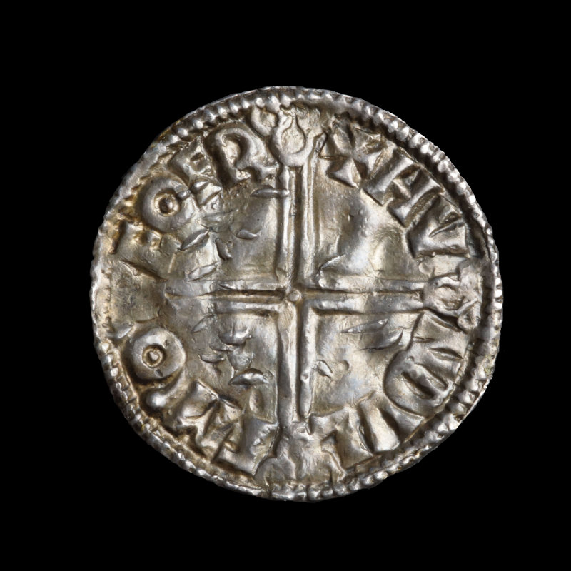 Silver penny of Aethelred II (978-1016), Long Cross type (c.997-c.1003), York, Hundulf. ELRED REX ANGLO, Viking peck marks.