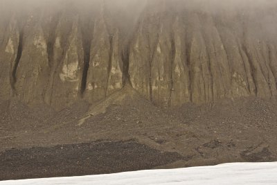 Loud rock falls and rolls on that debris cone