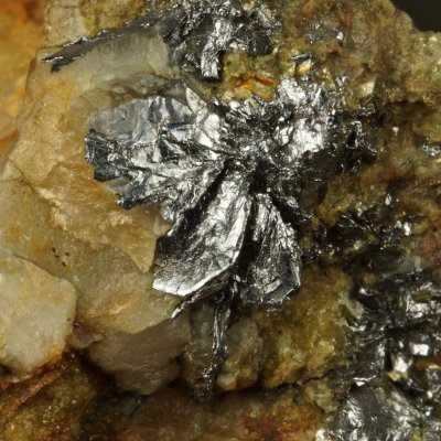 Hexagonal molybdenite crystals to 5 mm in quartz. Carrock Mine, Caldbeck Fells, Cumbria.