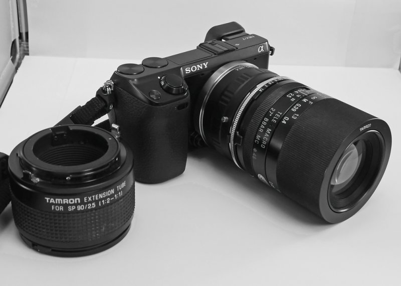 NEX-7 WITH A TAMRON SP 90mm f/2.5 LENS (MODEL 52B)  -  SHOWN WITHOUT  LENS HOOD AND SHOWING THE TAMRON EXTENSION TUBE
