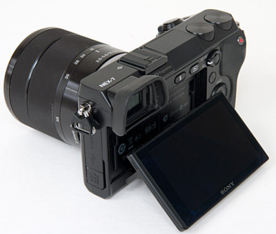 REAR VIEW OF THE SONY NEX-7 CAMERA, SHOWING THE ARTICULATED LCD SCREEN