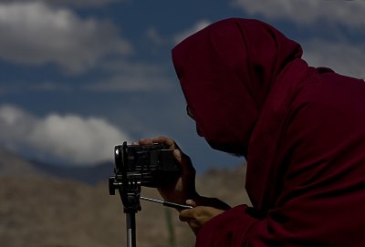 monk videoing, Choglomsar. ladakh