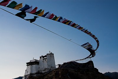Prayer flags in wind at Tsemo