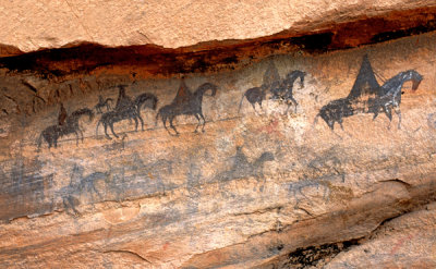 Spanish riders, Navajo pictographs, AZ