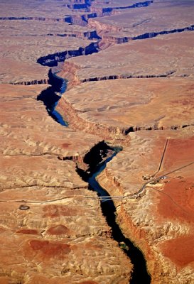 Aerial view of Navajo Bridge spanning Marble Canyon near Lee's Ferry, AZ