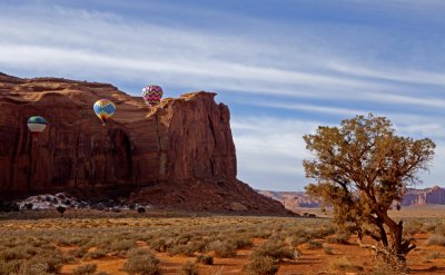 Three Balloons against Rain God Mesa, Monument Valley, Navajo Tribal Park, AZ/UT