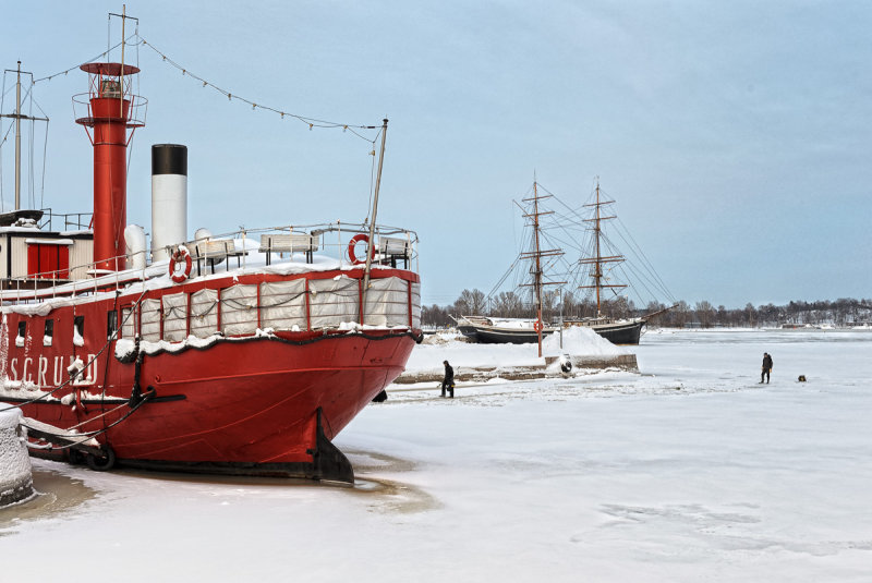 Lightship and Brig in Winter Harbor