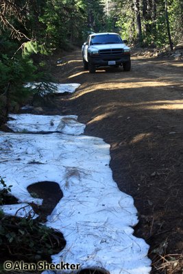 Patches of snow on June 26 on the Skyway between Inskip and Butte Meadows
