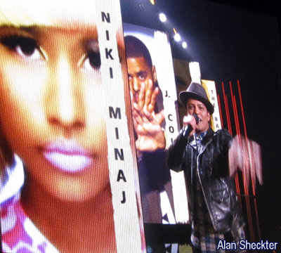 Bruno Mars on the big screen, announcing Best New Artist nominees