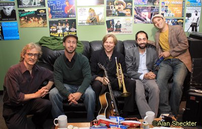 California Honeydrops, pre-show: Charles Kickox (from left), Ben Malament, Lech Weirzynski, Doug Stuart, Jonny Bones