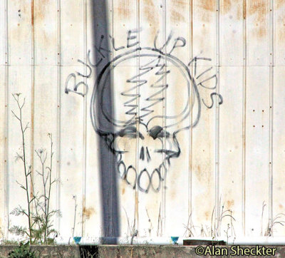 Old Grateful Dead graffiti on the building across the field