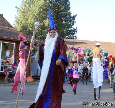 Festival parade, featuring the Samba Stilt Circus, Third Planet Ceremonial puppets and Chico's Wolfthump