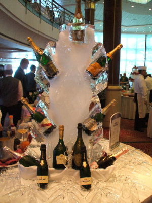 On Celebrity- a wine display in ice at a buffet