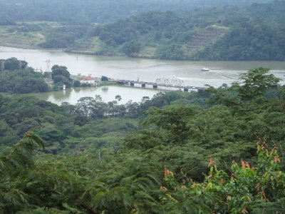 Colon, Panama -Gamboa rainforest, looking down on the Panama Canal & the wooden bridge that we crossed to get up here.