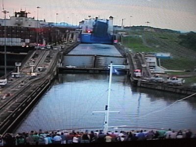 Panama Canal -front camera view of ship going in the Gatun Locks & leaving the Carribean Sea