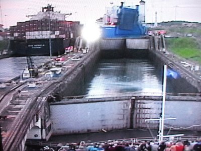Panama Canal -front camera view of ship going in the Gatun Locks