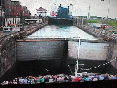 Panama Canal -front camera view of ship going in the Gatun Locks, reaching the other end