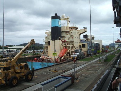 Panama Canal -Miraflores Locks, another ship playing tag with us