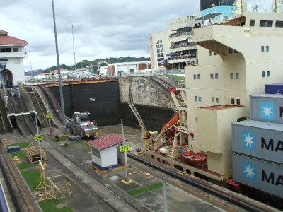 Panama Canal -Miraflores Locks, tourist observation deck on upper right