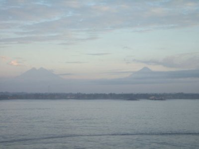 Puerto Quetzal, Guatamala- coming into harbor w/ 3 volcanos in background