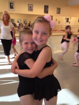 long day of ballet recital rehearsal- e and ava found each other at the very end and were so happy!