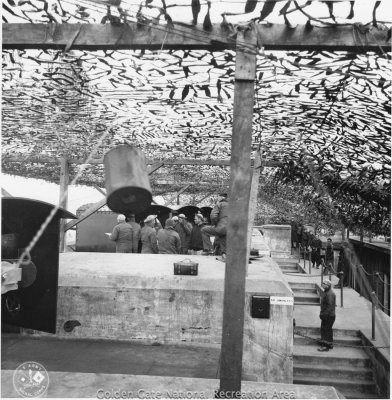 Fort Barry, Btry O'Rorke under camouflage nets 1942c. Compare to earlier view in this gallery. (US Army)