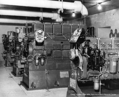 Battery Townsley power room, Cummins diesels 1940. Note exhausts.