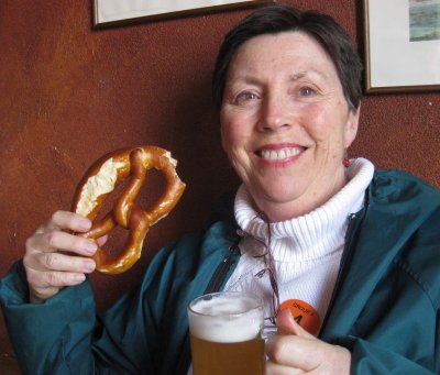 Beer and pretzel at micro-brewery in Rostock.