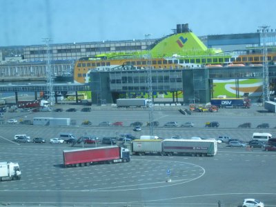 From our ship, watching the Tallink ferry unload dozens of semi trucks and many more cars