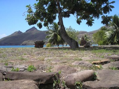 View of Taiohae Bay, Nuku Hiva (say all the vowels as separate syllables)