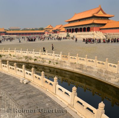 Inner Golden Water River and Gate of Supreme Harmony in Forbidden City Beijing China