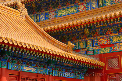 Hall of Preserving Harmony detail of painted wood building and tiled roof Forbidden City Beijing