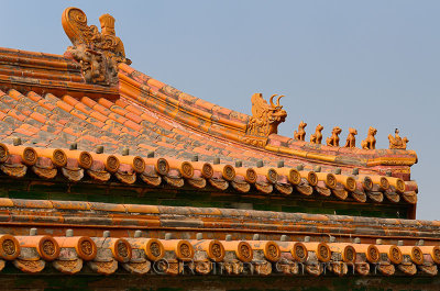 Ancient tiled roof with dragon figures in the Inner court of the Forbidden City Beijing China