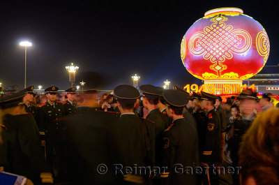 Peoples Armed Police guards at National Day celebrations in Tiananmen Square Beijing at night