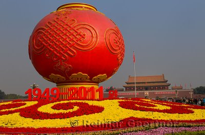 Special globe and flower decorations for 2011 National Day celebrations in Tiananmen Square Beijing