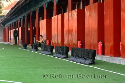 Military boots lined up ready for soldiers at barracks in the Forbidden City Beijing China