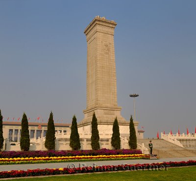 PAP guard at Monument to the Peoples Heroes obelisk in Tiananmen Square Beijing China