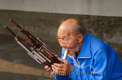 Chinese man playing a Sheng or bamboo mouth organ in a Beijing China park