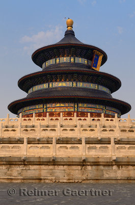 Three tiered marble base of Hall of Prayer for Good Harvests at Temple of Heaven Park Beijing at sunset