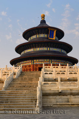 Steps to Hall of Prayer for Good Harvests at Temple of Heaven Park at sundown in Beijing