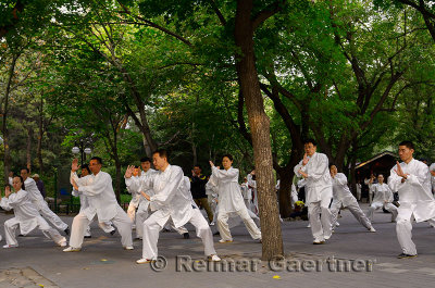 Morning Tai Chi exercises under trees in Zizhuyuan Purple Bamboo Park in Beijing on National holiday