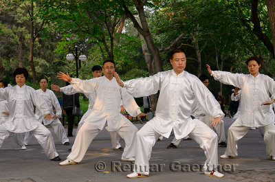 Morning Tai Chi class in position under trees in Zizhuyuan Purple Bamboo Park in Beijing China