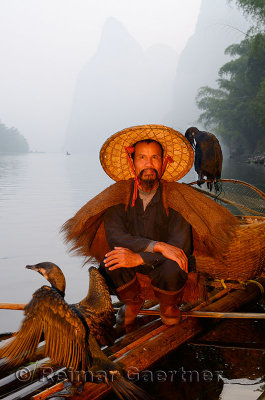 Cormorant fisherman resting with birds on a bamboo raft on the Li river with Karst mountain peaks Huangbutan China