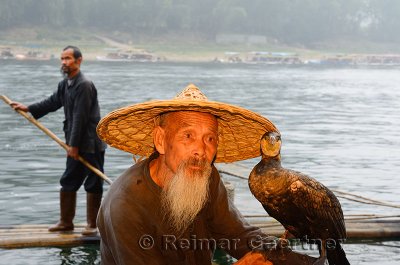 Cormorant fisherman holding bird and another paddling past on the Li river Huangbutan China