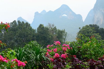 Moon mountain scenery area with garden flowers Yangshuo China