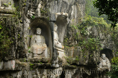 Limestone cliff at Feilai Feng with Buddhist sculptures at Ling Yin temple Hangzhou China