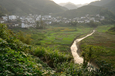 Farmland of Qiashe Xiang village on flood plain of Fengle river Huangshan China