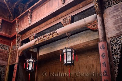 Interior wood carving in Chengzhi Hall from the Qing dynasty in Hongcun village Anhui Province China