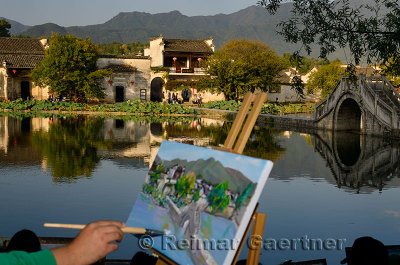 Painter canvas and easel at South Lake in Hongcun World Heritage Site Anhui Province China