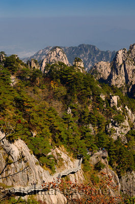 White Goose Ridge walkway and Ascending and Stalagmite Gang Peaks at Huangshan Mountain China